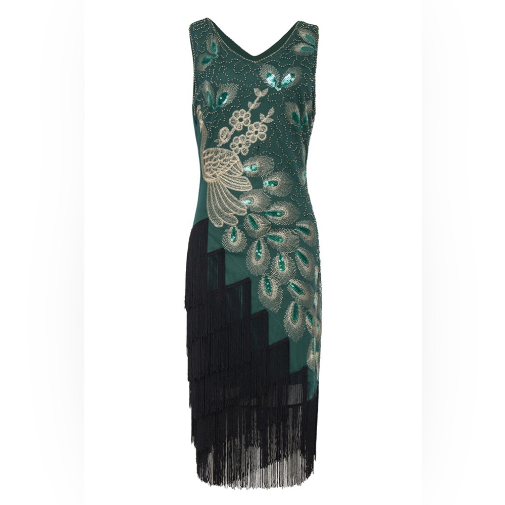 Black Beaded Dress with Peacock Design - Picture 5 of 9